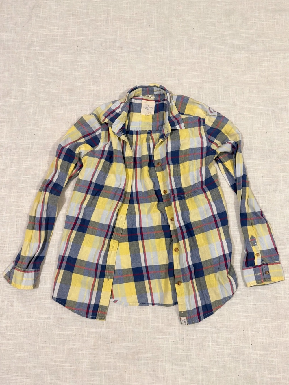 American Eagle Outfitters Boyfriend Fit Plaid Flannel Button Up Shirt Yellow Blu